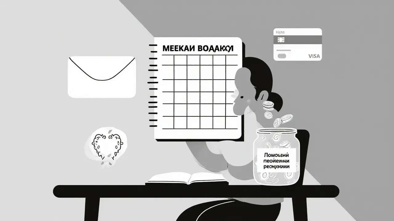 Человек ведет учет расходов в блокноте, рядом пустой конверт и копилка с накоплениями.