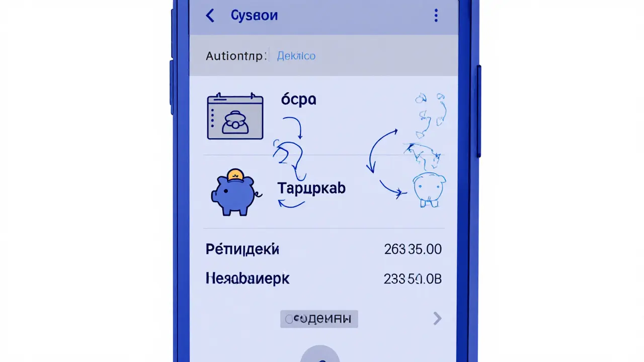 Экран телефона с тремя цифровыми счетами и автоматическими переводами денег.