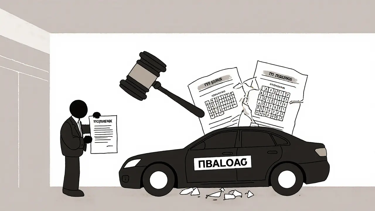 Судебный процесс: молоток над автомобилем, разрушающаяся кредитная история.