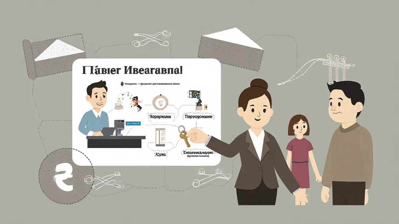 Банковский сотрудник передает ключ, рядом схема эскроу-счета и этапы строительства.