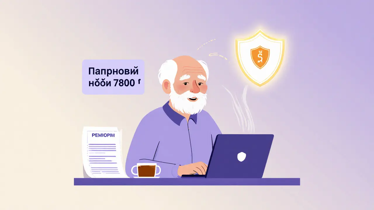 Пенсионер за компьютером с отметкой о налоговом вычете 7800 рублей.