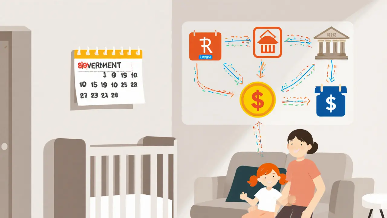 Семья в комнате с календарем и потоками государственных выплат в банковский счет