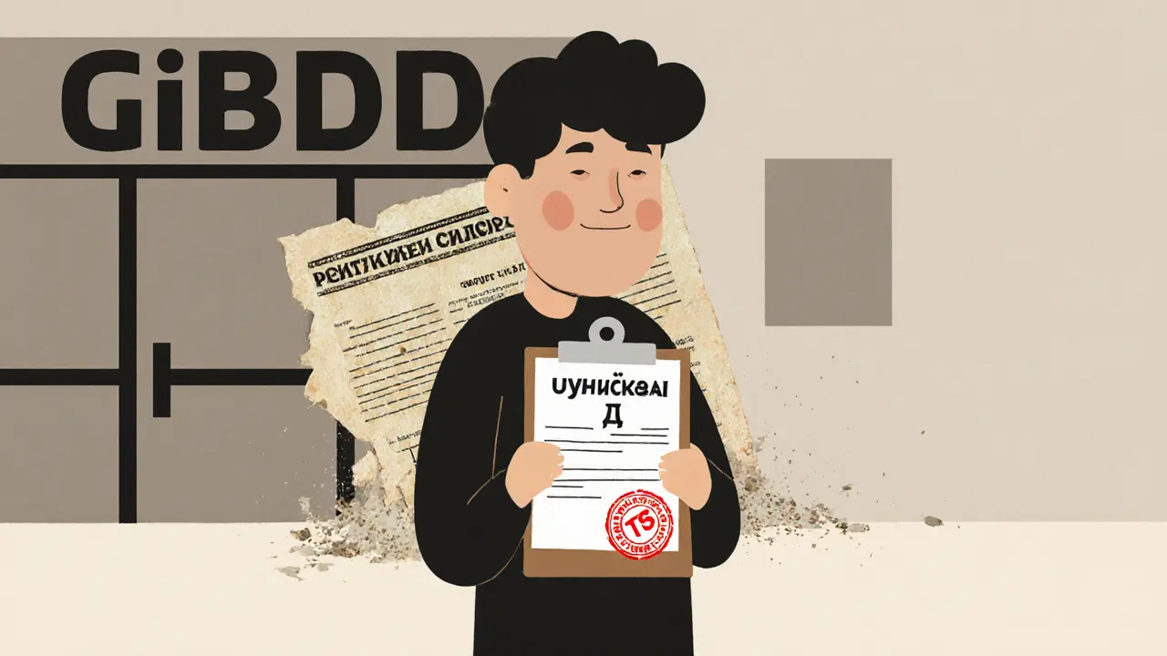 Человек получает дубликат ПТС в ГИБДД, старый документ исчезает