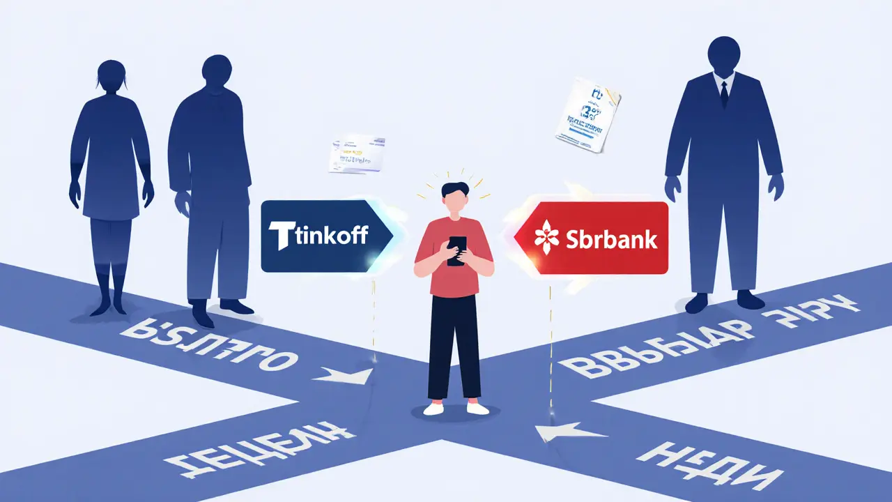 Человек выбирает между быстрым и выгодным кредитом, позади — скрытые риски.