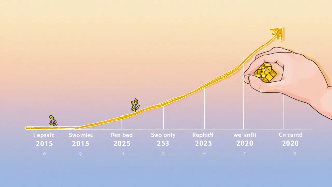 Долгосрочный график: золото растет стабильно, банковский вклад колеблется, человек ежегодно добавляет слиток.