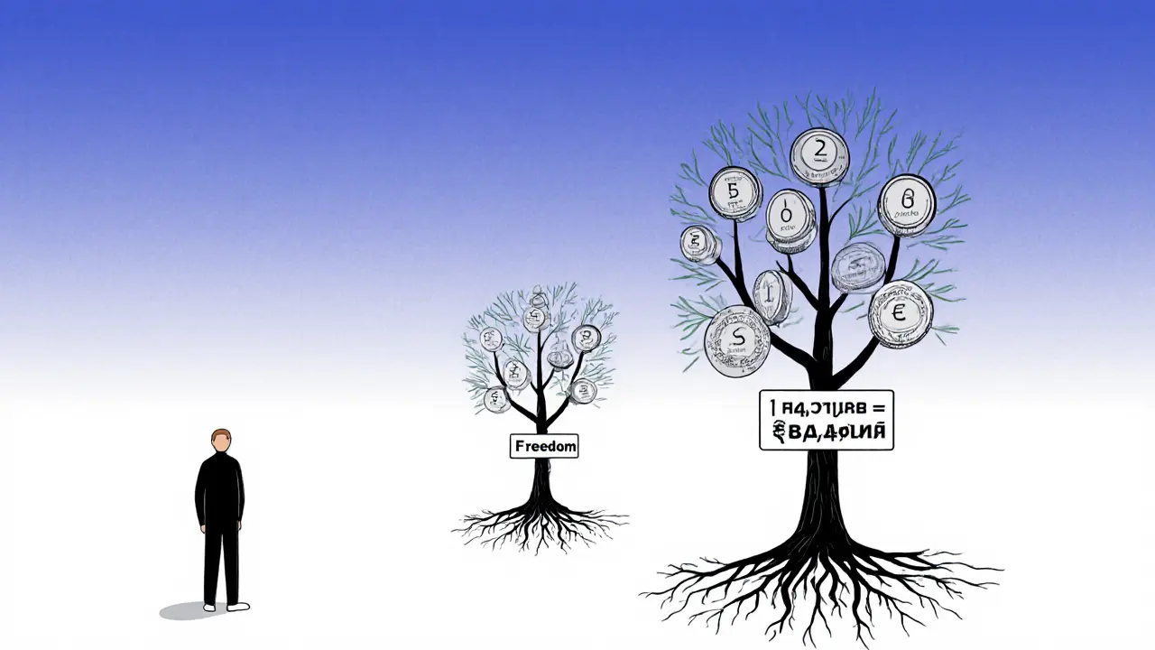 Человек стоит рядом с деревом, корни которого — монеты, ветви отмечают накопления и свободу.