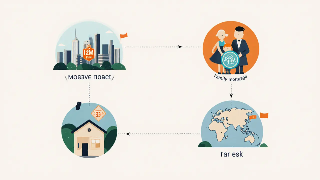 Четыре иконки ипотечных программ: город, семья, деревня, Дальний Восток, каждая с соответствующей ставкой.