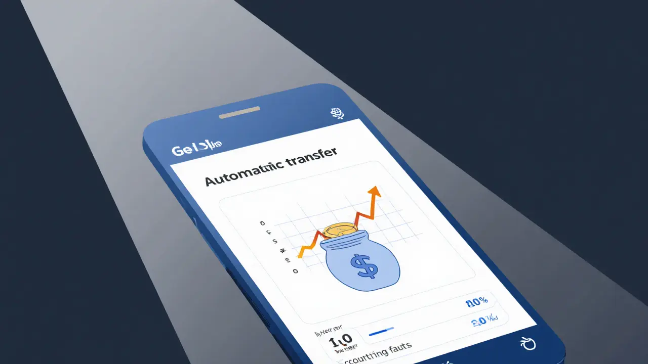 Экран телефона с автоматическим переводом 10% зарплаты на сберегательный счет, без текста, только иконки.