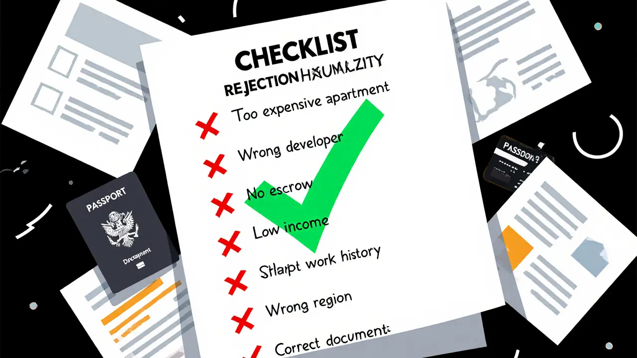 Список причин отказа в ипотеке с красными крестами и одним зеленым галочкой на документах.