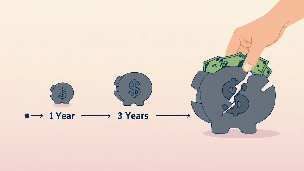 Временная шкала с тремя типами облигаций, рука кладёт деньги в среднесрочную