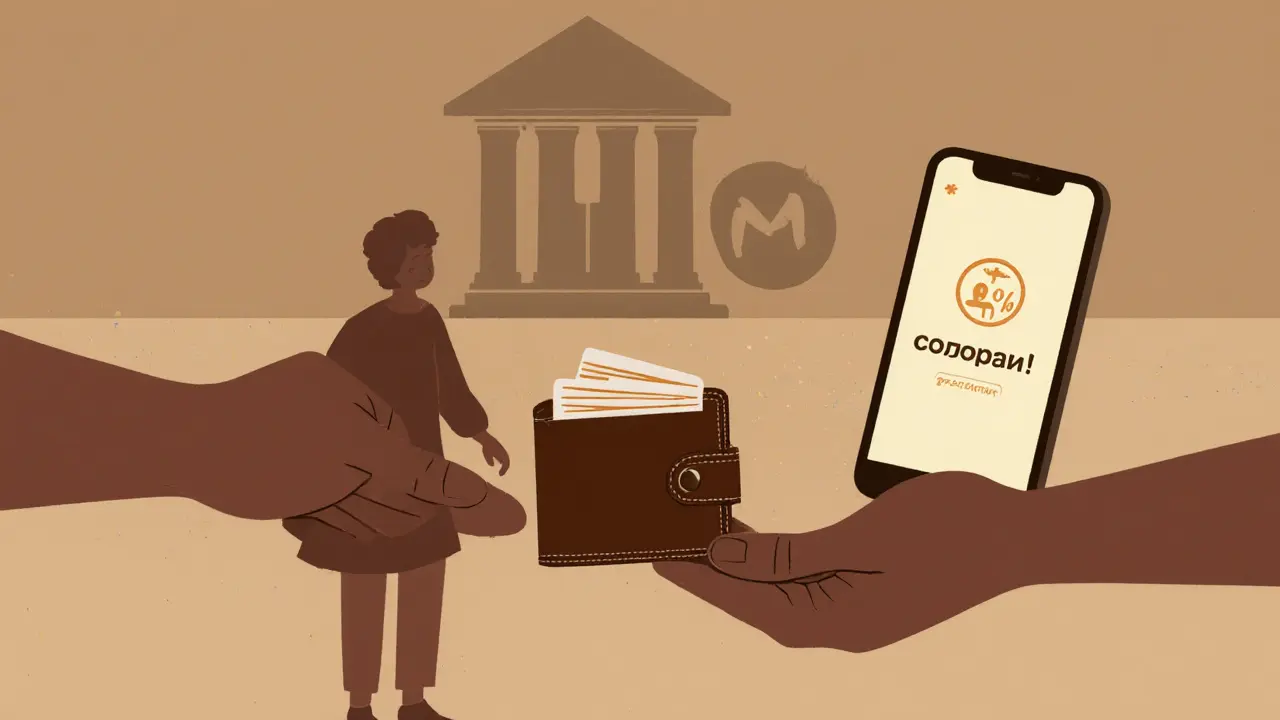 Человек получает помощь от соседа, а банк предлагает выгодный кредит через телефон