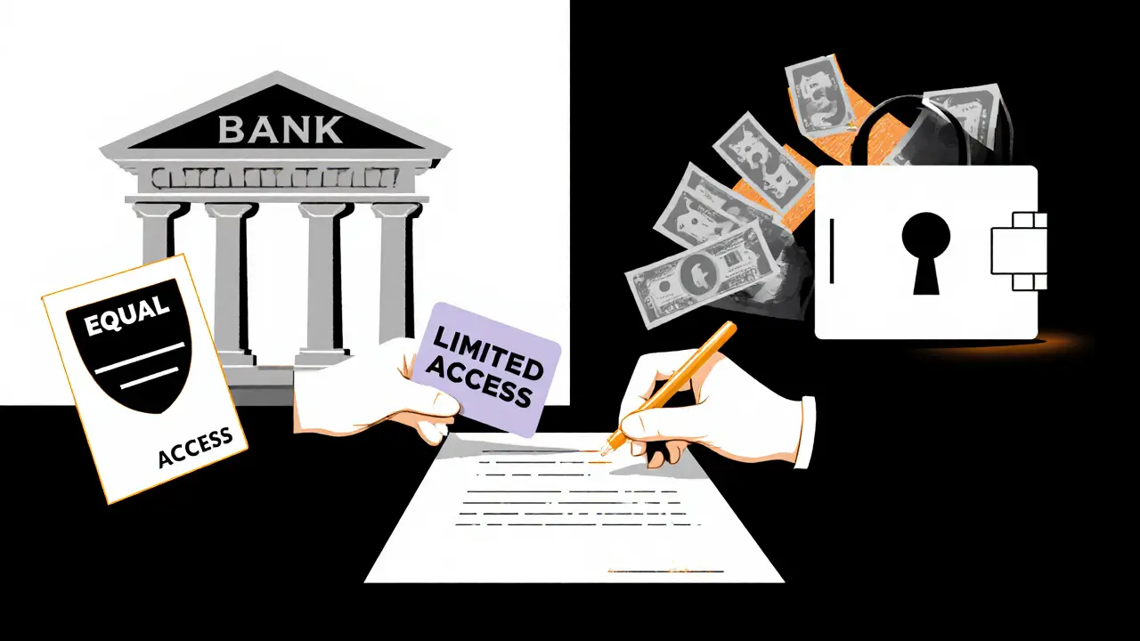 Две руки подписывают договор с разными типами доступа к счету.