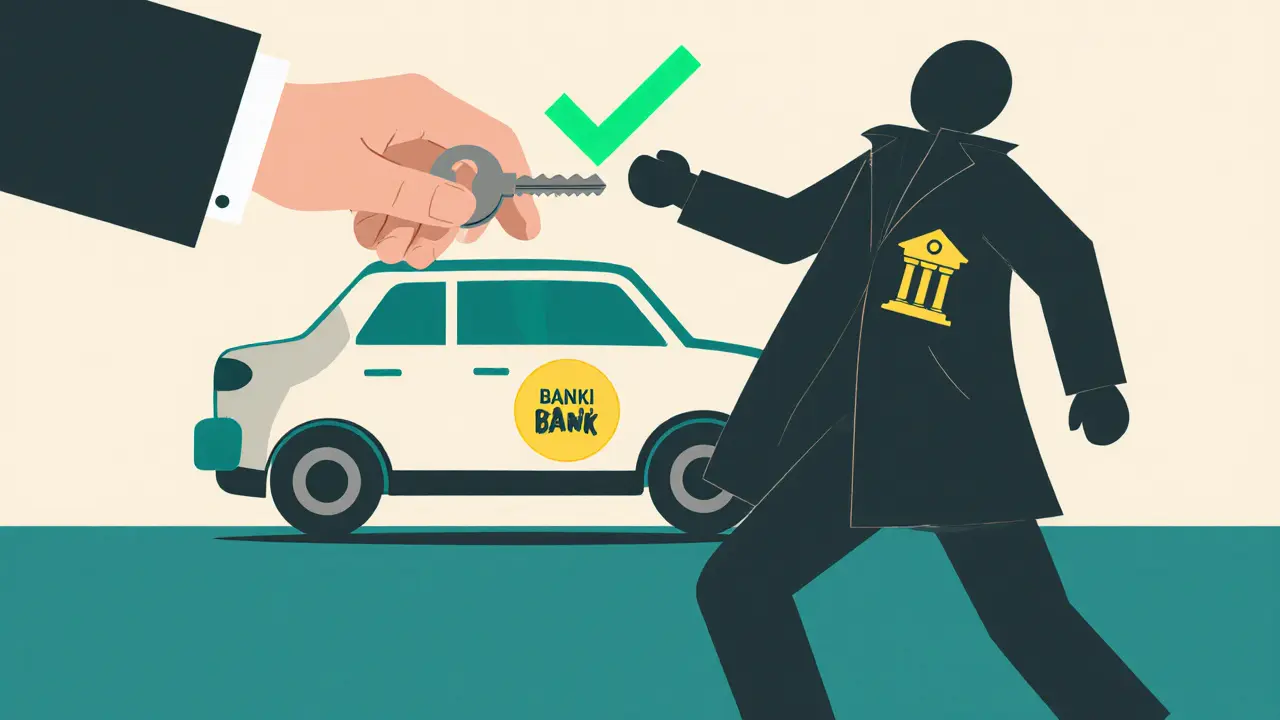 Передача ключа с зелёной галочкой между покупателем и продавцом, фон — тень с банком