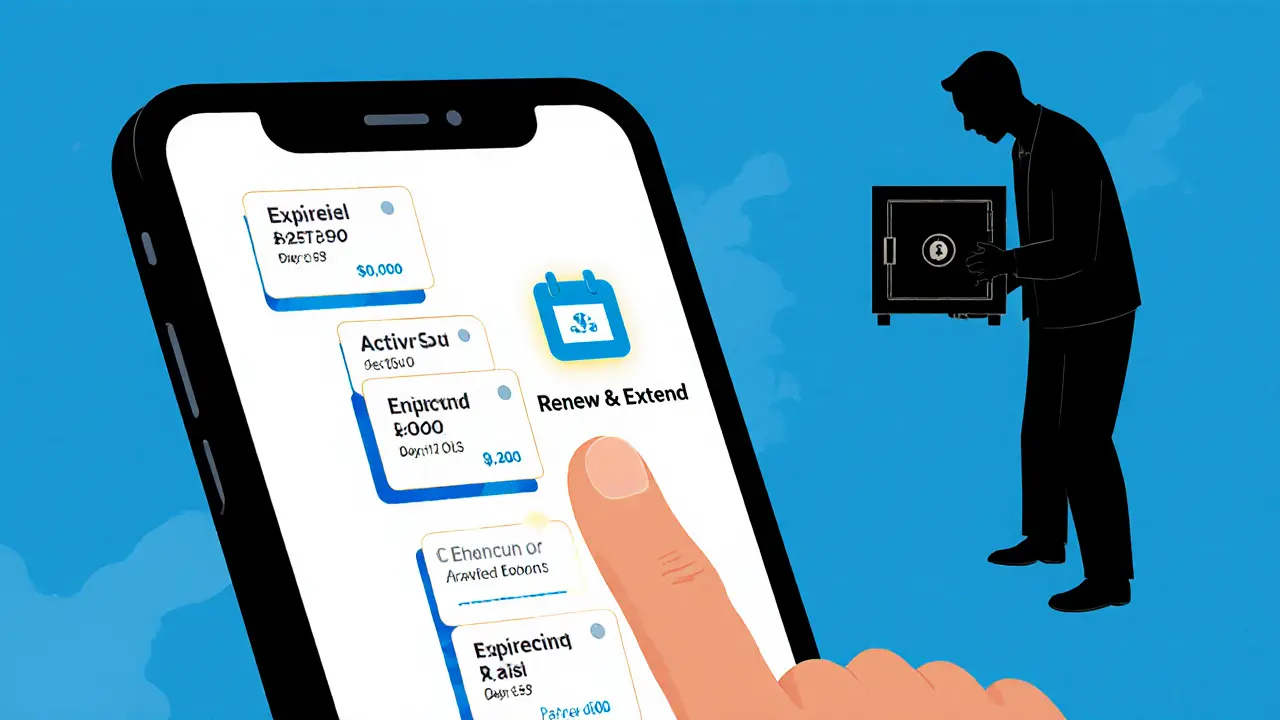 Смартфон с приложением банка, показывающим лестницу депозитов и напоминание о продлении.
