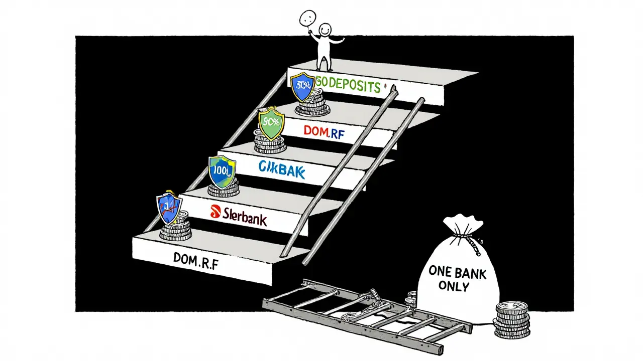 Лестница вкладов с разными банками, один из которых обрушивается под тяжестью денег