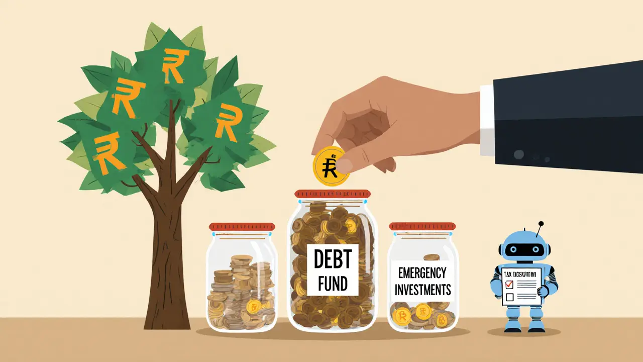 Рука распределяет деньги между тремя банками: долг, подушка, инвестиции