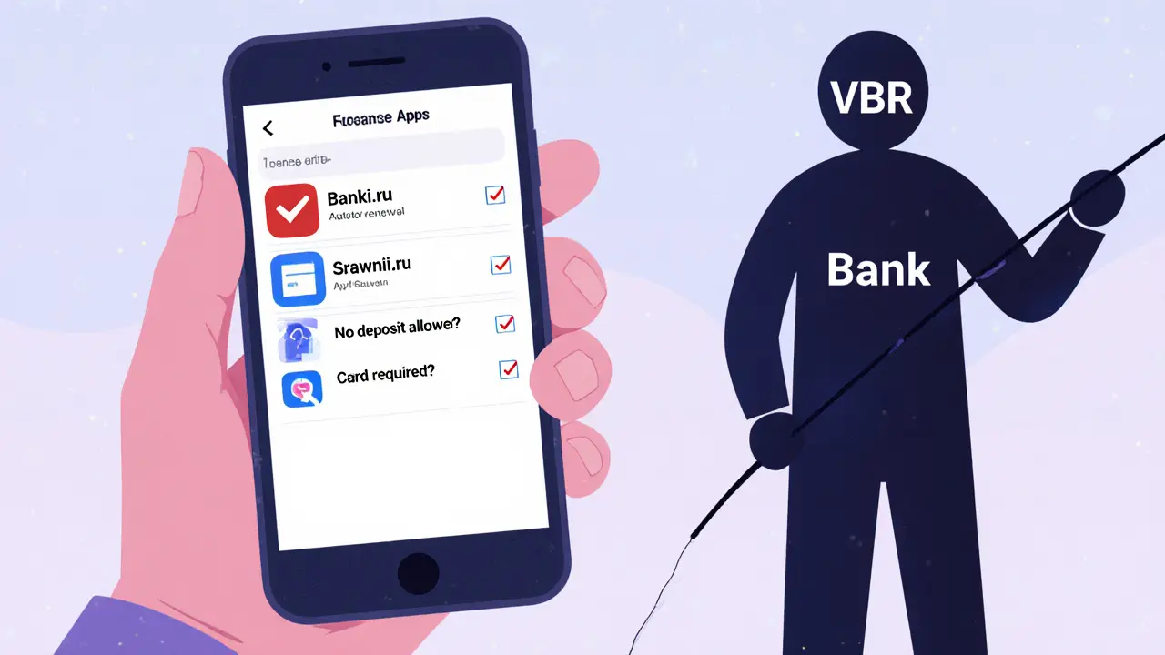 Человек проверяет финансовые приложения с чек-листом условий вклада, банк наблюдает с удочкой.