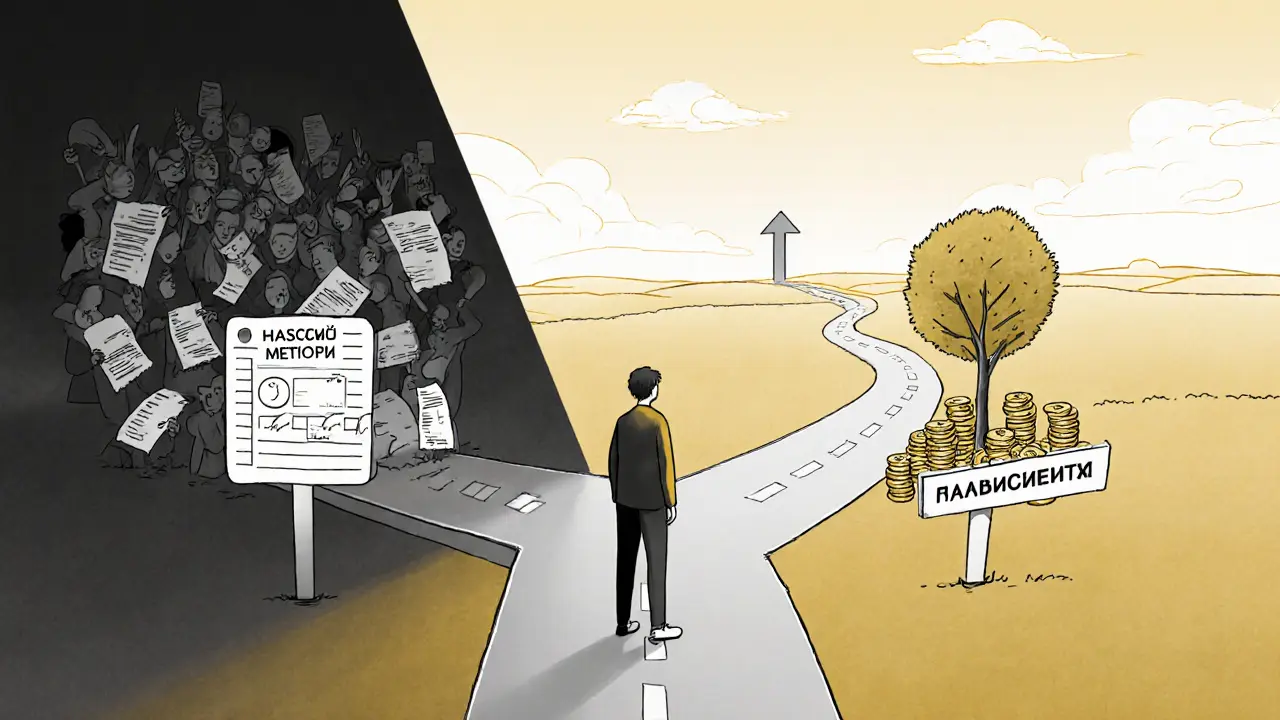 Человек выбирает между простым и продвинутым методом учета, ведущим к финансовой свободе.