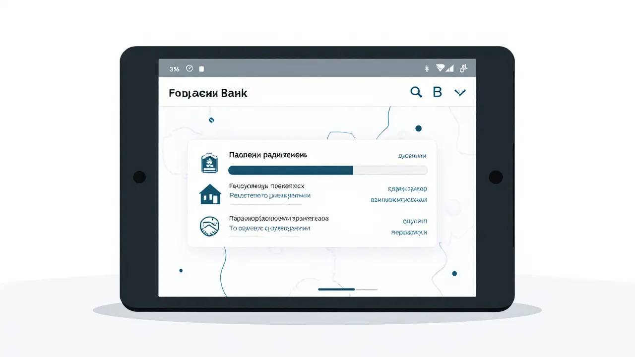 Цифровой интерфейс банка с прогресс-баром сделки: от оплаты до регистрации права собственности.