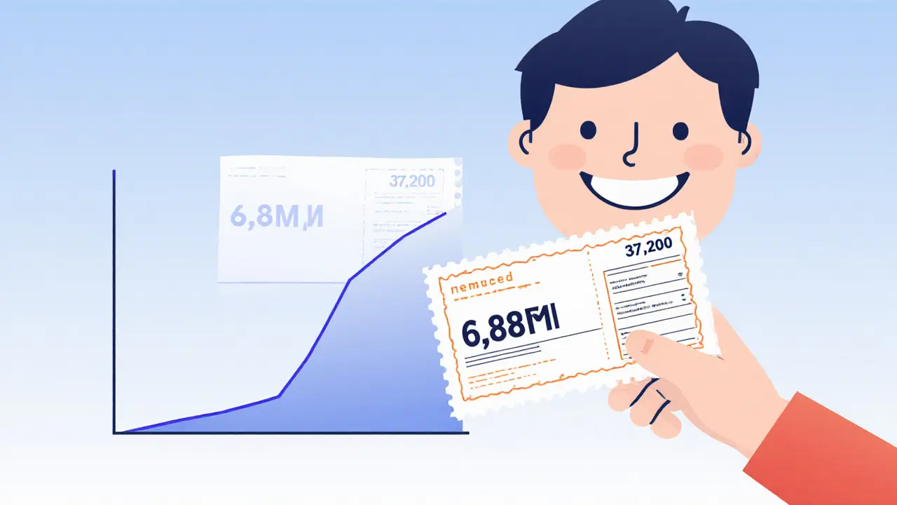 График экономии: платеж упал с 47 500 до 38 200 рублей, человек радуется, фон — плавный градиент.
