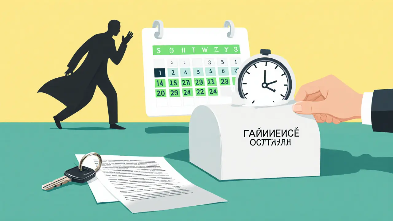 Календарь с 14 днями для отказа от страховки, ключи и договор на столе.