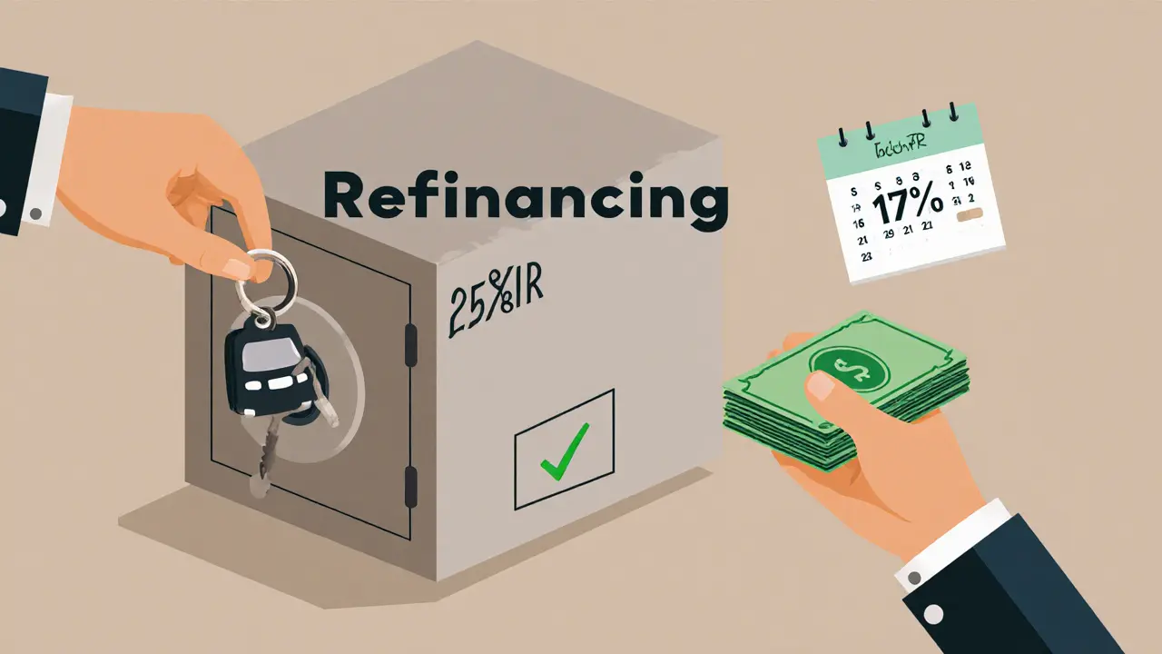 Рука кладет ключ от машины в банк, из которого выходит меньшая сумма денег с галочкой.