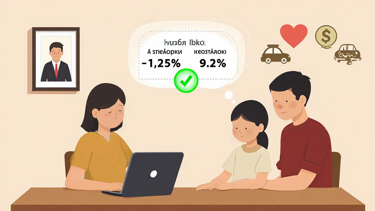 Семья сравнивает варианты кредита с и без страховки на ноутбуке.