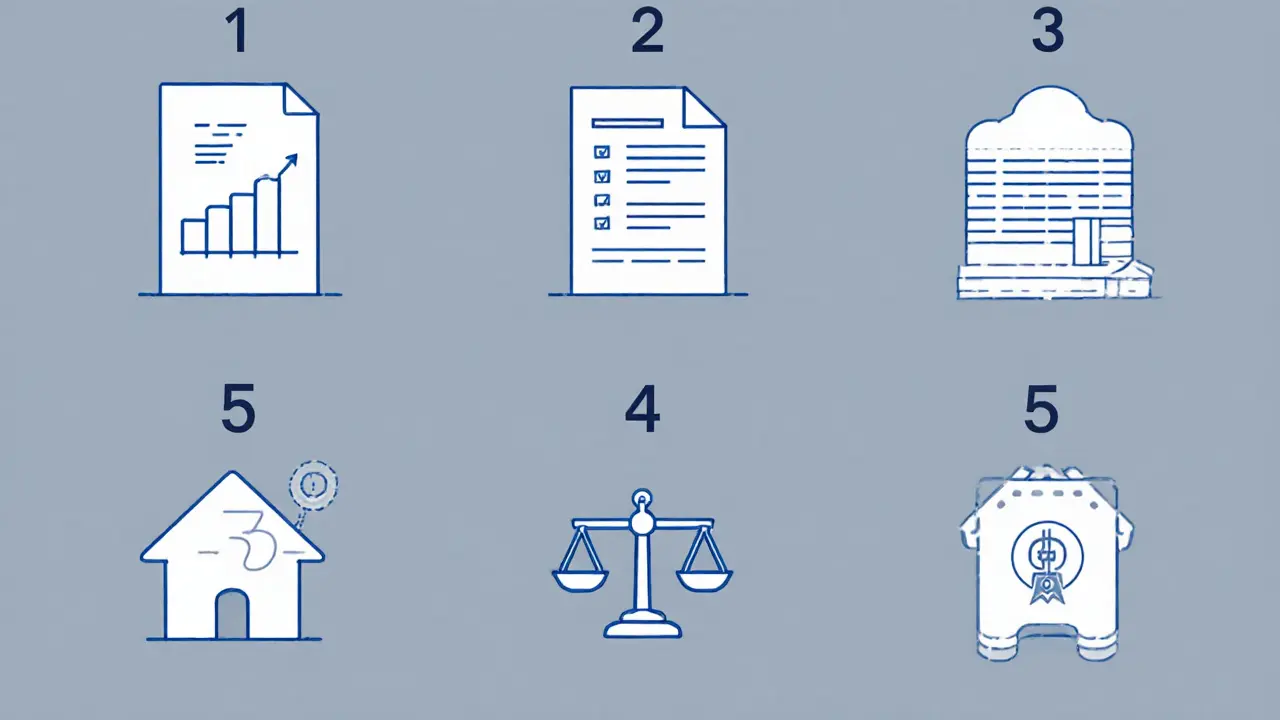 Шесть шагов рефинансирования ипотеки в виде минималистичных икон: кредитная история, сравнение, документы, оценка, перевод, регистрация.