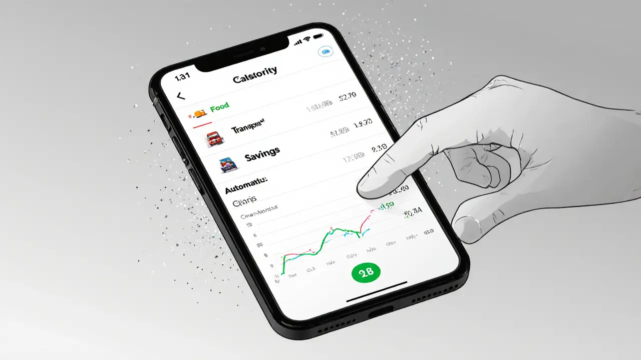 Смартфон показывает автоматически категоризированные расходы и сбережения в финансовом приложении.