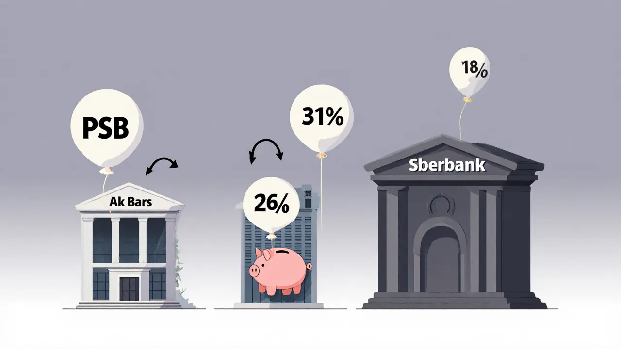 Три банка с разными процентными ставками, крупные банки с высокими ставками и Сбербанк с низкой.