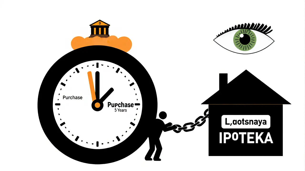 Часы с метками &#039;Покупка&#039; и &#039;5 лет&#039;, человек привязан к дому цепью прописки