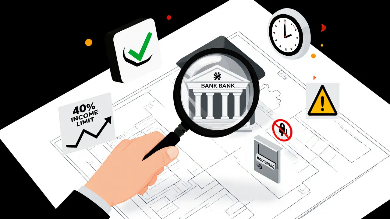 Человек с лупой проверяет план квартиры, рядом — банк, график доходов, часы и закрытая дверь ипотеки.