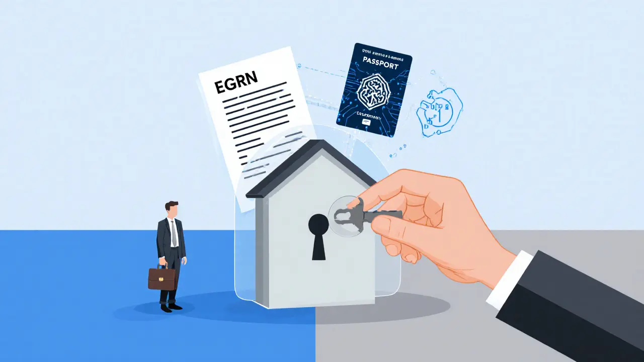 Рука вставляет ключ в замок-дом, за прозрачными слоями — документы, ИИ и юрист, символизирующие проверку недвижимости.