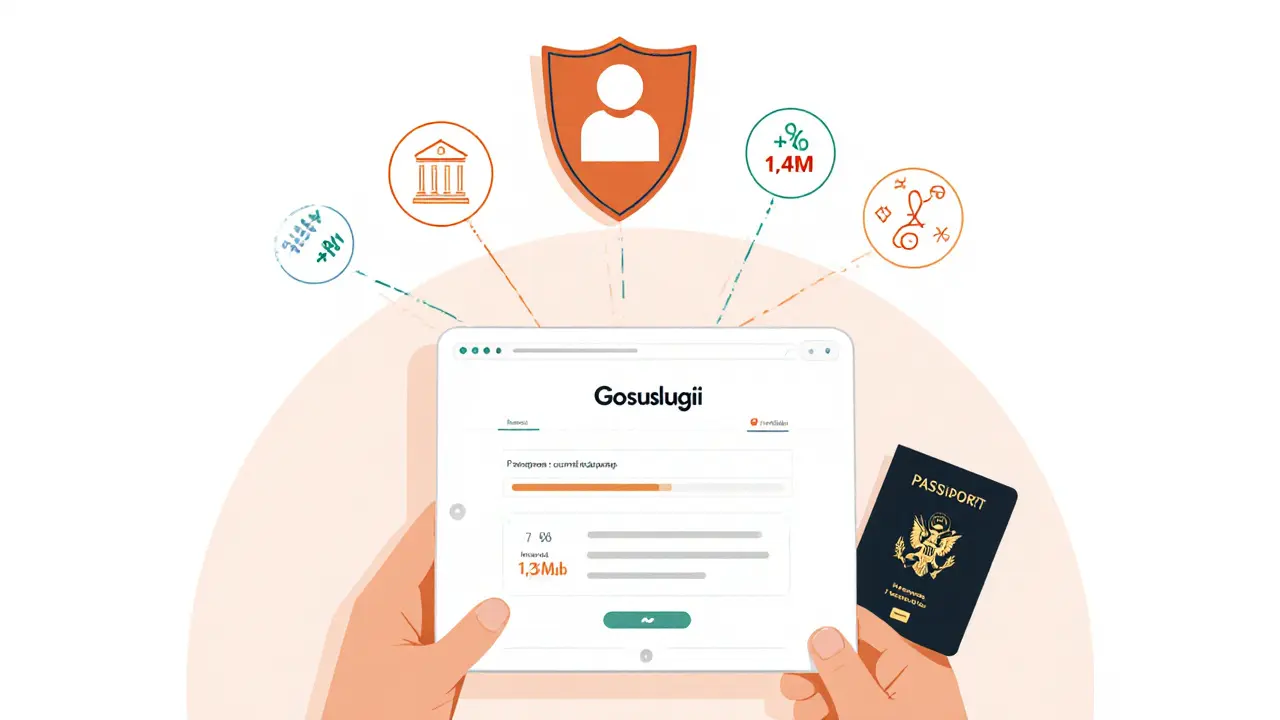 Человек подает заявление через Госуслуги, над ним — символы вклада, процентов и лимита 1,4 млн.