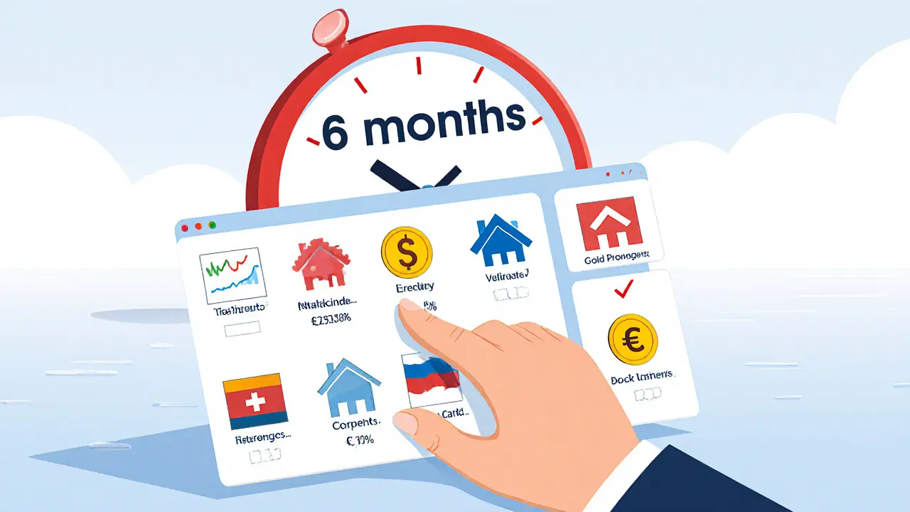 Человек смотрит на панель из восьми активов с меткой &#039;6 месяцев&#039;, символизируя регулярную перебалансировку портфеля.