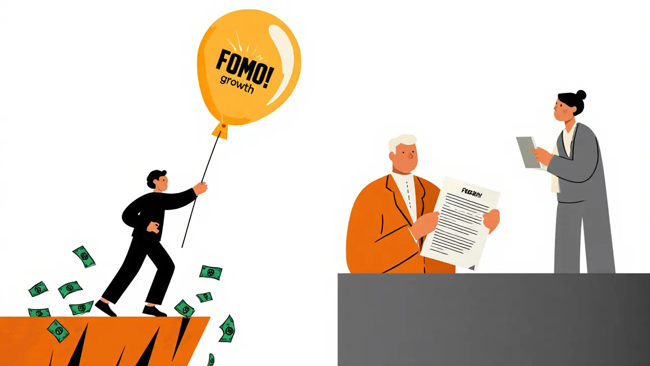 Человек тянется к воздушному шару FOMO, стоя на краю падающих денег, в фоне спокойный инвестор с планом.