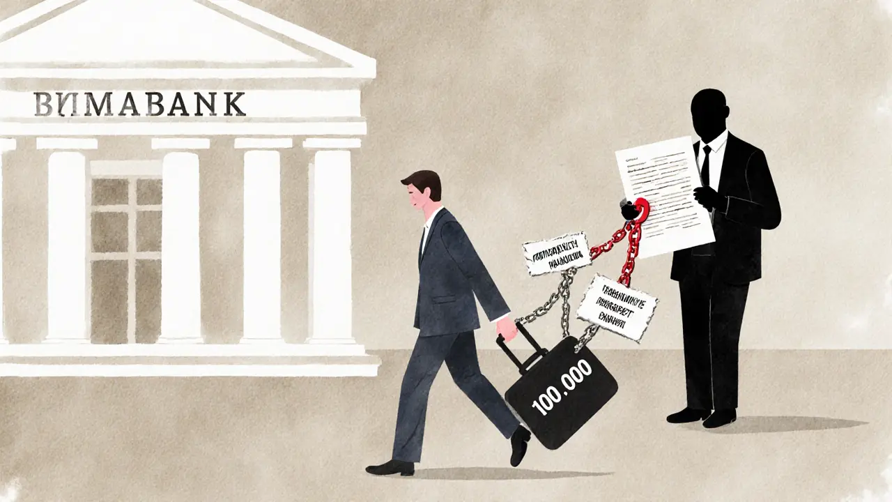 Человек уходит от банка с деньгами, но тени договора тянут его назад скрытыми сборами.