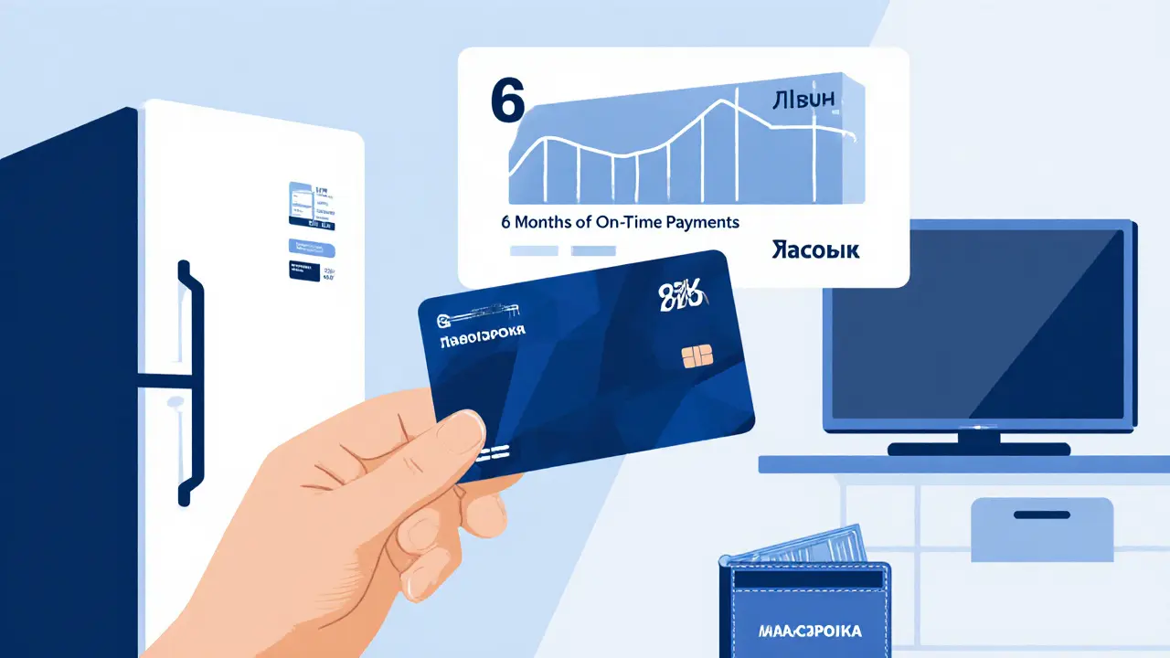 Использование кредитной карты в магазине с прогрессом вовремя оплаченных платежей.