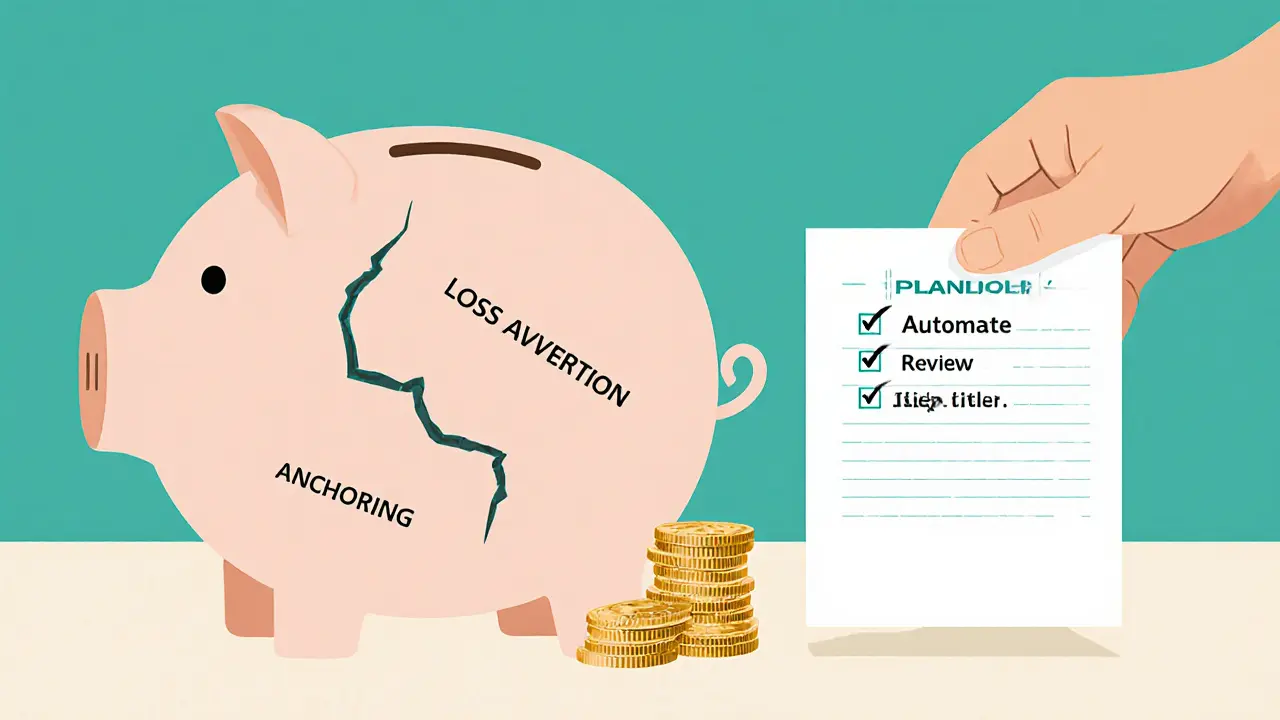 Копилка с трещинами от поведенческих ловушек теряет монеты, над ней — простой чек-лист инвестиционного плана.