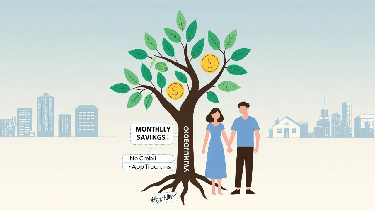 Пара стоит у дерева, корни которого — финансовые привычки