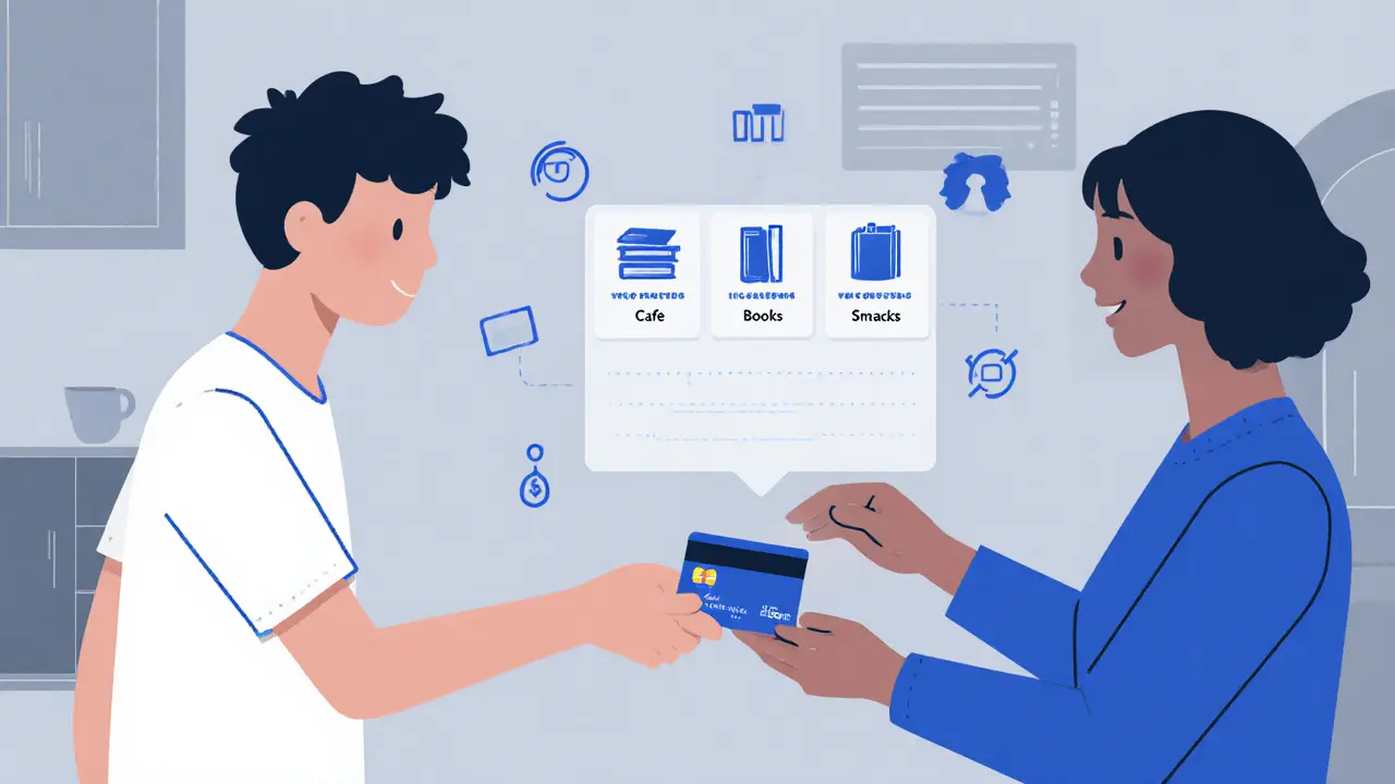 Подросток получает цифровую карту от родителя, с отображением категорий расходов.