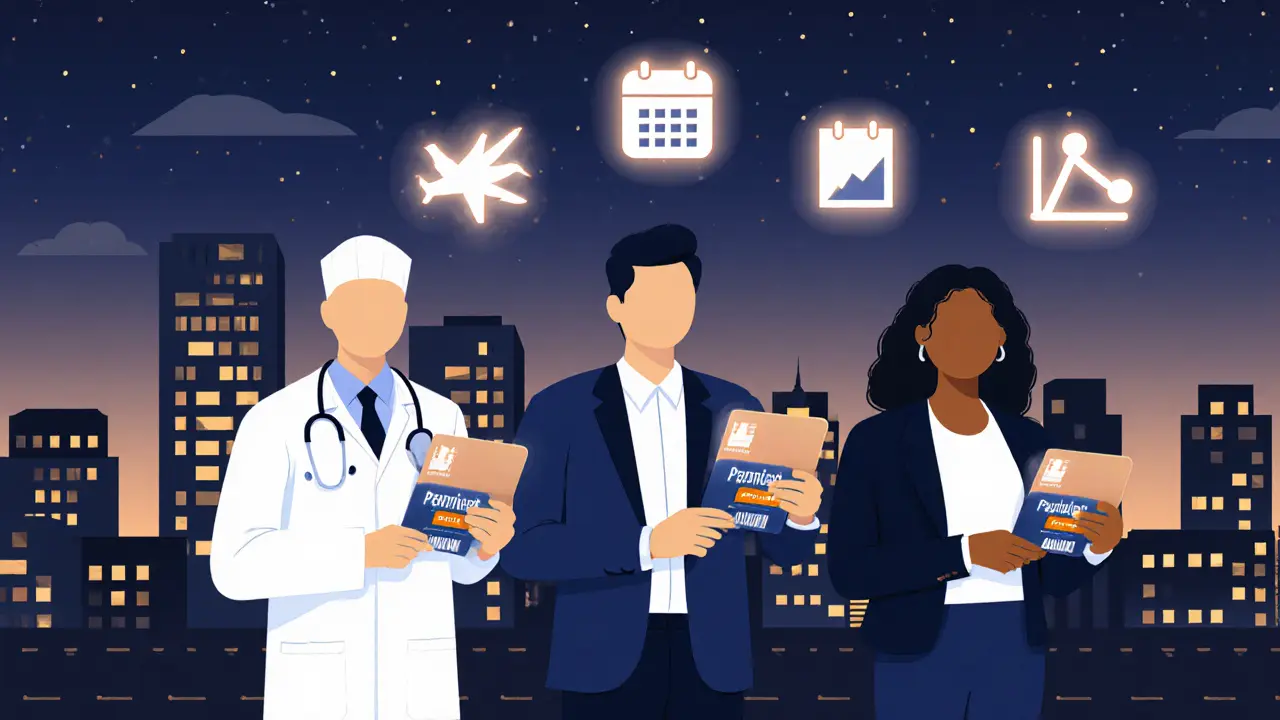 Профессионалы с премиальными картами и иконками удобств в ночном городе