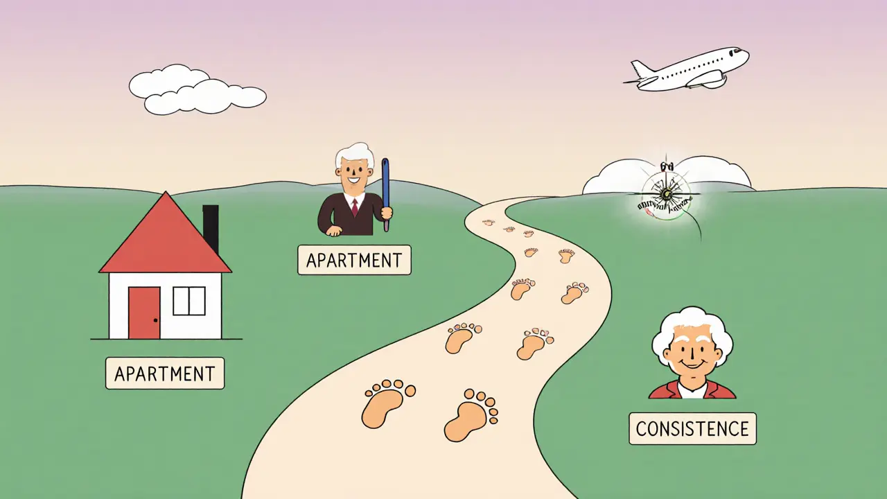 Путь к целям: квартира, отпуск и пенсия, отмеченный шагами регулярных инвестиций.