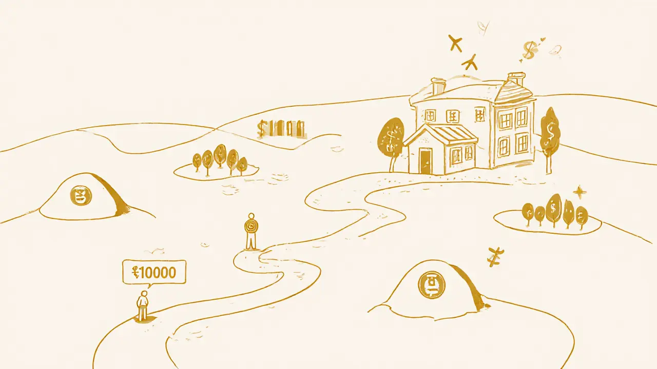 Путь от маленькой монеты к дому, построенный из финансовых инструментов.