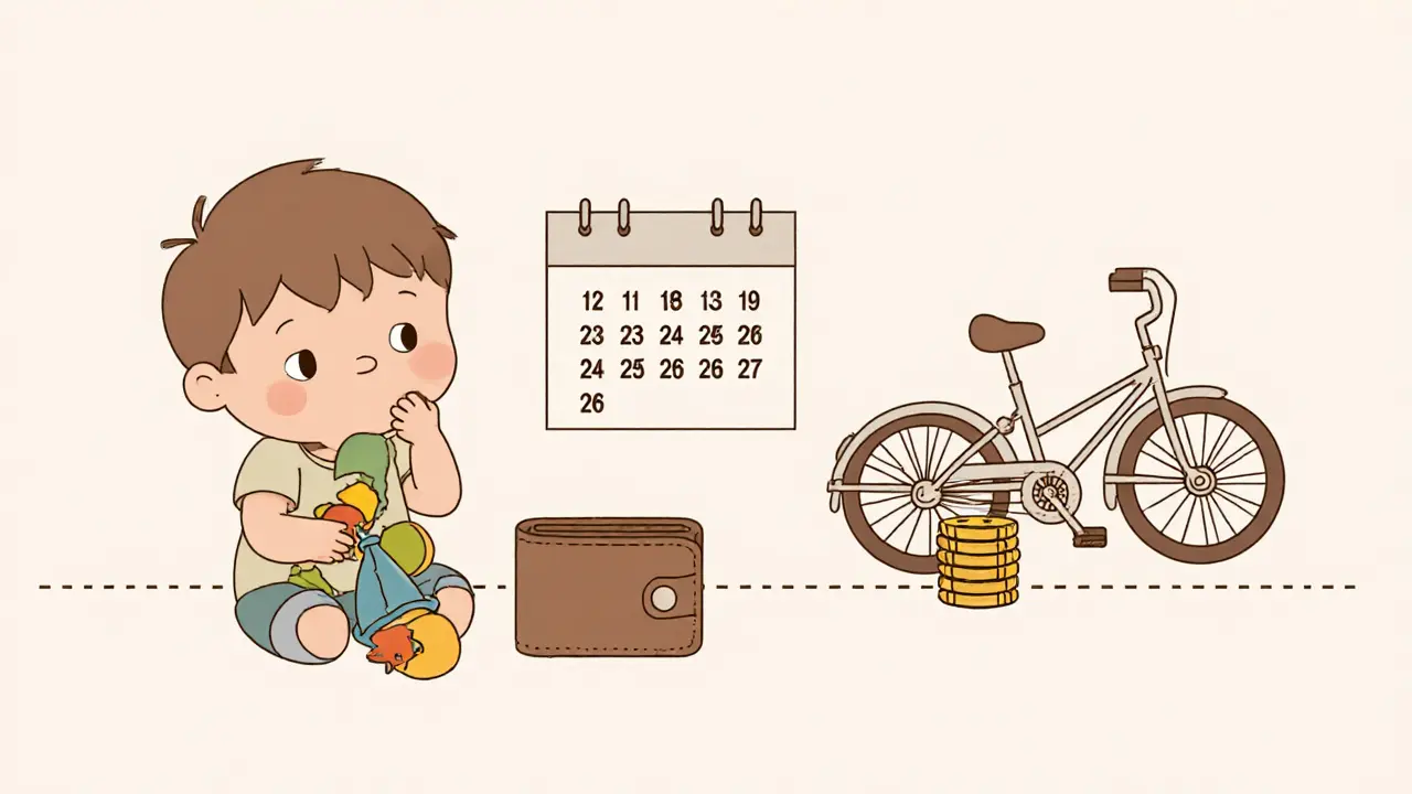 Ребёнок смотрит на сломанную игрушку, рядом — копилка и велосипед, намеченный для накопления.