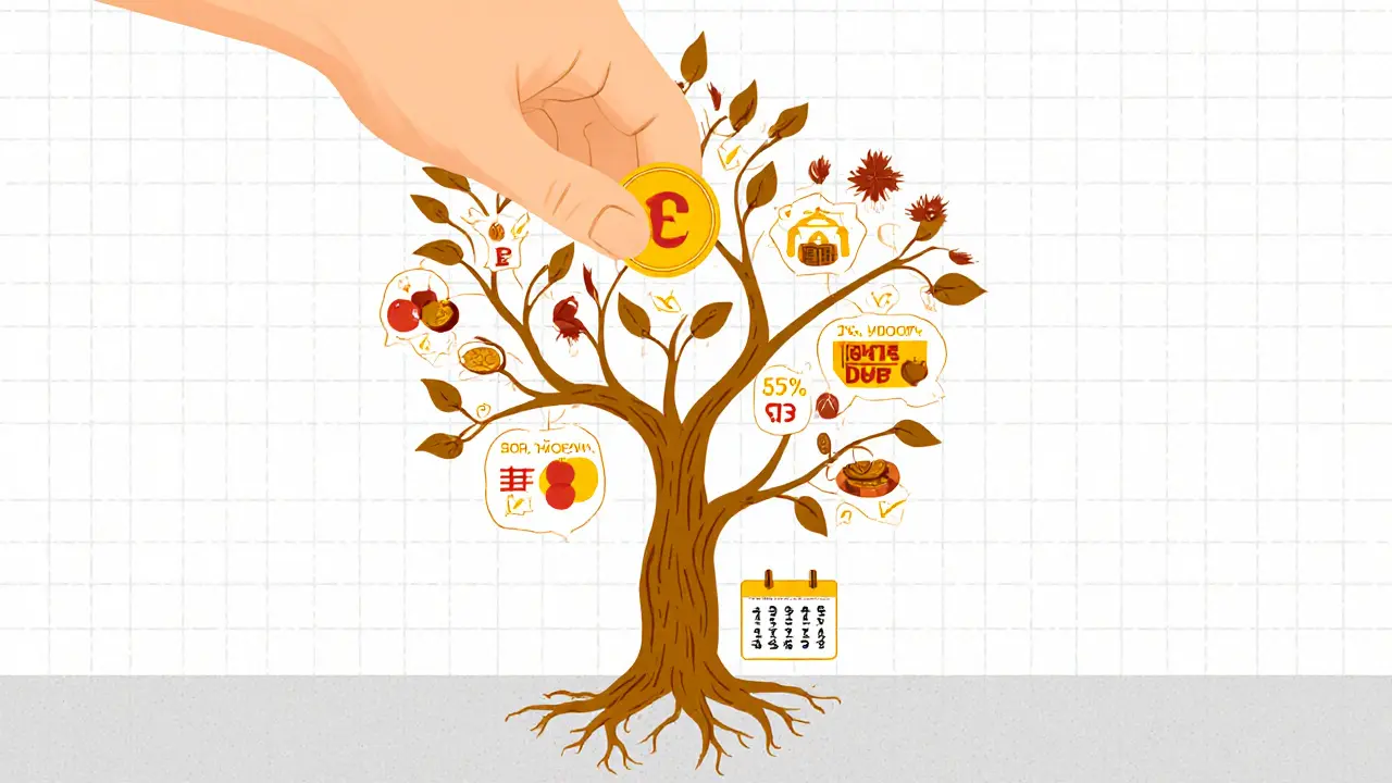 Рука кладёт монету в дерево с корнями-банками и фруктами-доходами.