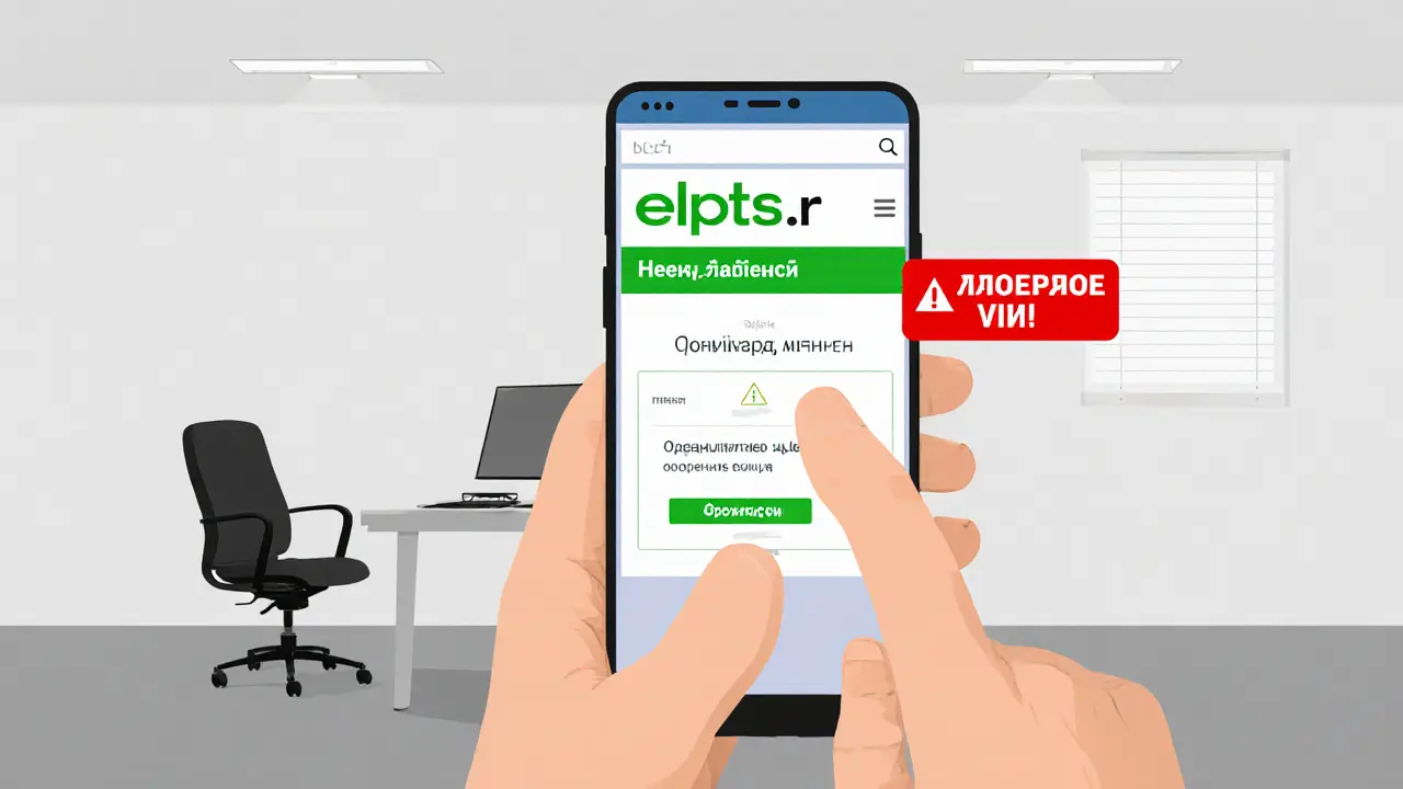 Смартфон с сайтом elpts.ru, показывающим статус &#039;Действующий&#039; и отсутствие залога