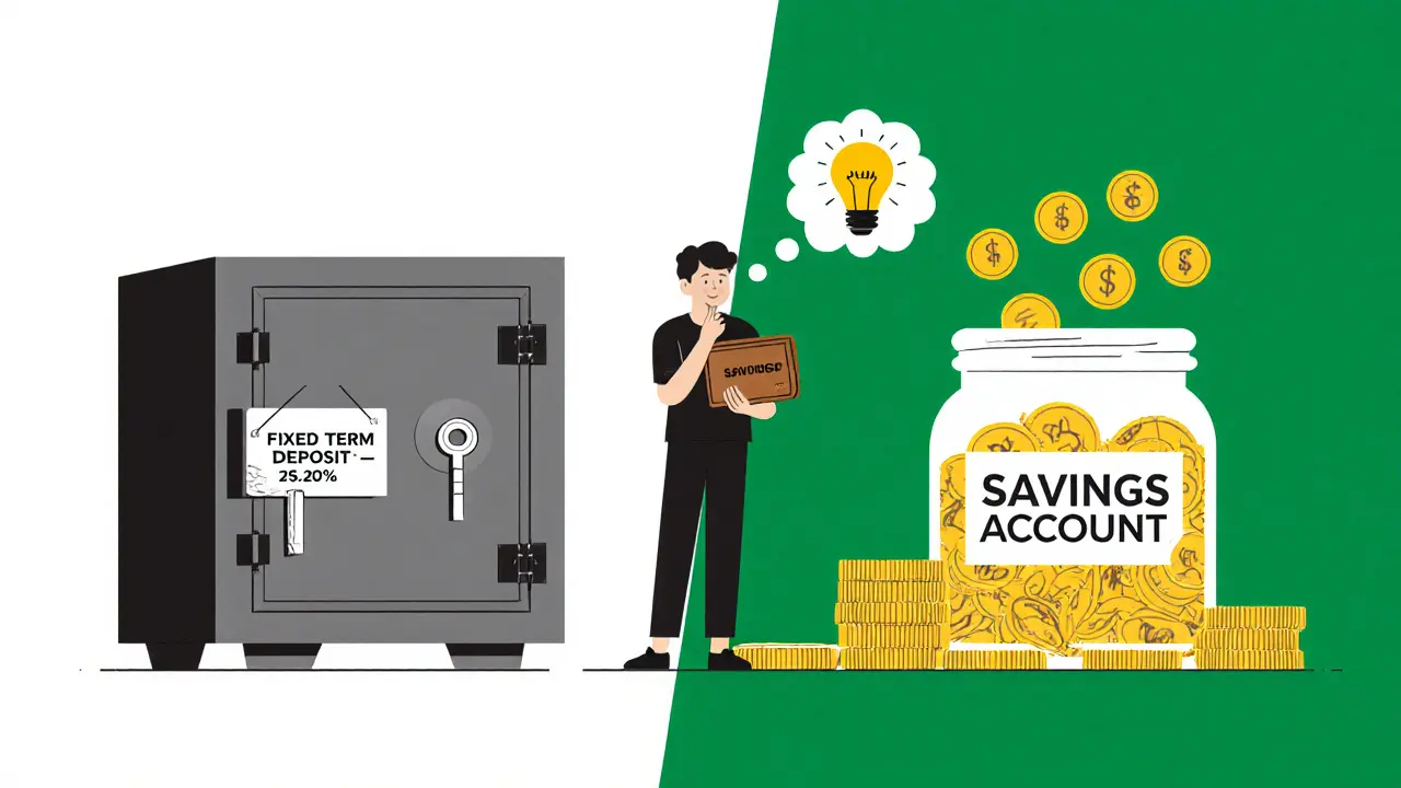 Сравнение фиксированного вклада и накопительного счета: закрытый сейф и открытая копилка с деньгами.