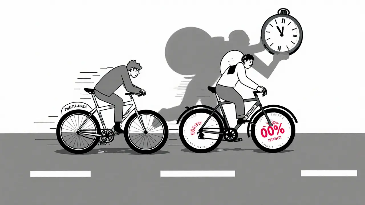 Велосипед без тормозов (кредитная карта) и с тормозами (потребительский кредит) на дороге финансовых решений.