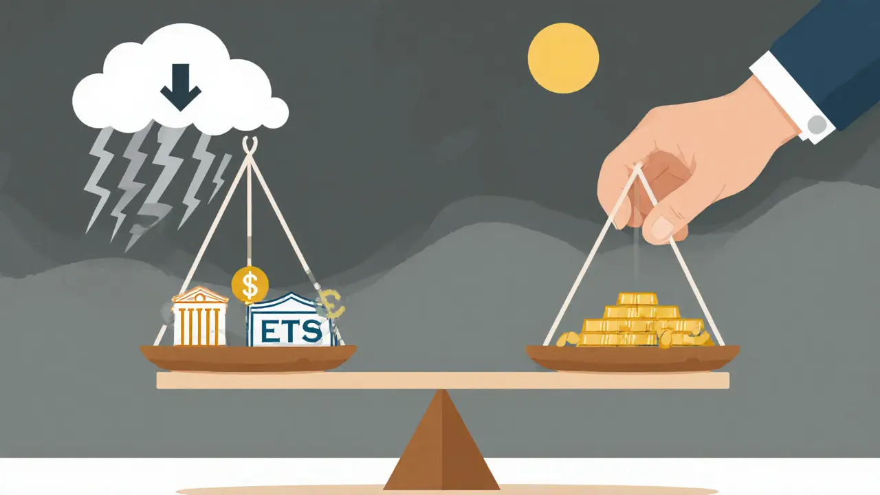 Весы с акциями и облигациями, символизирующие баланс риска и стабильности.